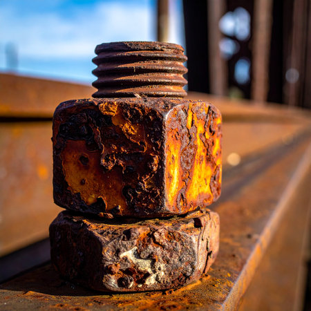 A close-up macro shot captures the intricate texture of a heavily rusted bolt and nut, baked in the warm sunlight.の素材
