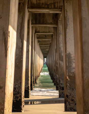Beneath the boardwalk, a corridor of weathered pillars creates a powerful vanishing point towards the distant ocean.の素材