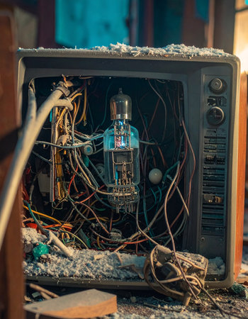 Peering into the past, the complex and chaotic interior of a broken retro television is exposed.の素材
