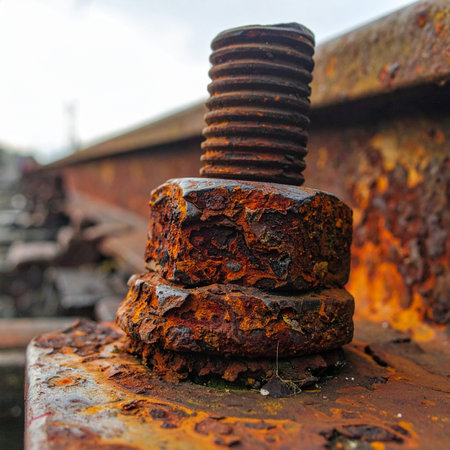 A close-up macro shot captures the intricate texture of heavy rust and corrosion on an old bolt and nut.の素材