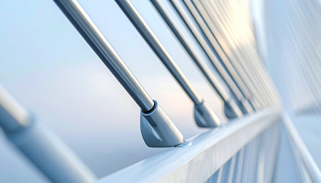 A close-up perspective of a sleek, modern metal balustrade, its clean lines and repeating pattern creating a sense of order and progress.の素材