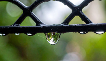A perfect, crystal-clear raindrop clings to a black metal fence after a refreshing shower.の素材