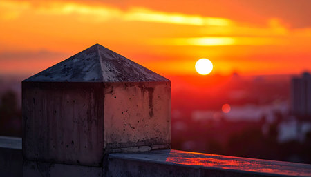 As the sun dips below the horizon, its fiery orange glow bathes the city in warm light.の素材