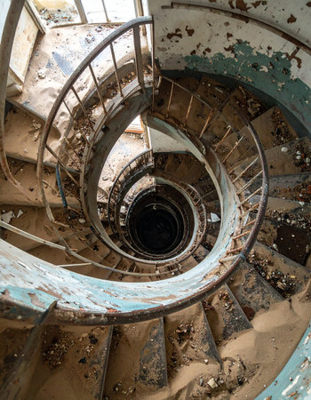 A dizzying view down a forgotten spiral staircase, where each decaying step tells a story of time and neglect.の素材