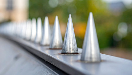 A sharp line of metallic cones stands guard, a formidable deterrent against unwanted entry.の素材
