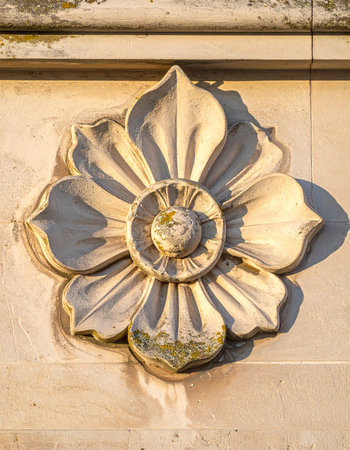 Bathed in the warm glow of the setting sun, an intricate stone flower rosette adorns an old facade.の素材