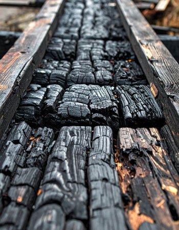A low-angle perspective reveals the deep, cracked texture of charred timber beams, the remnants of a powerful fire.の素材