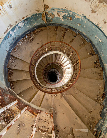 Gazing down from the top, this decaying spiral staircase descends into darkness, a haunting symbol of a forgotten past.の素材