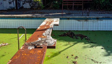 Once a place of summer joy, this swimming pool now lies silent. A rusty diving board stands as a lonely monument to past happiness, overlooking a basin reclaimed by nature.の素材