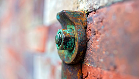A close-up macro shot reveals the intricate textures of time. A heavily corroded bolt, adorned with a green patina, stands steadfast against a rough brick wall.の素材