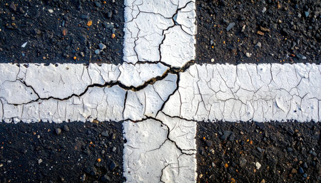 A close-up, top-down view of a white painted cross on dark asphalt, showing deep cracks from time and pressure.の素材