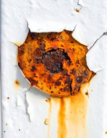A close-up view captures the relentless process of decay as vibrant orange rust erupts through a brittle layer of cracked white paint.の素材