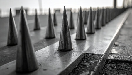 A low-angle, black and white shot captures the menacing and intimidating presence of a row of sharp metal security spikes.の素材