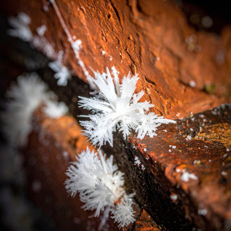 In the quiet stillness of a cold, dark space, delicate ice crystals bloom like fragile flowers on the rough, weathered surface of old wood.の素材