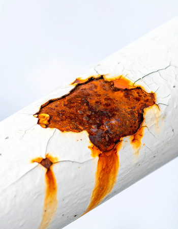 A close-up view reveals the destructive power of corrosion as rust bursts through the cracked white paint of a metal pipe.の素材
