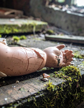 In the quiet decay of a forgotten building, a broken doll's arm lies amidst the encroaching moss.の素材