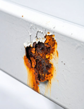 A detailed macro shot captures the raw texture of decay as vibrant orange rust bursts through a layer of cracked and peeling white paint on a metal panel.の素材