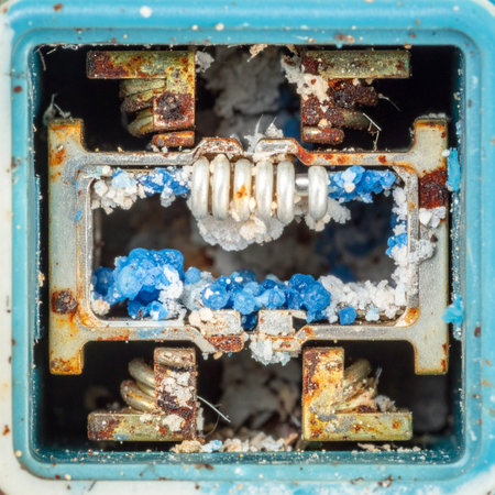 A macro view reveals the beautiful yet dangerous decay of an obsolete electrical switch.の素材