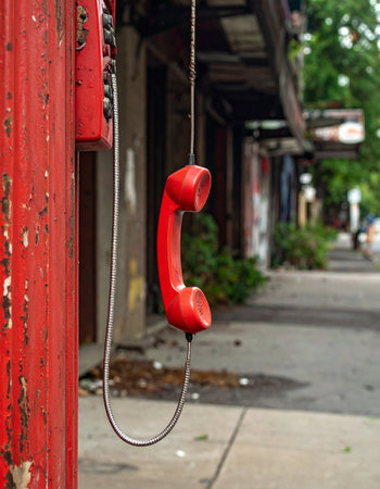 A bright red telephone receiver hangs disconnected from its weathered payphone, a silent relic of past conversations on a forgotten city street.の素材