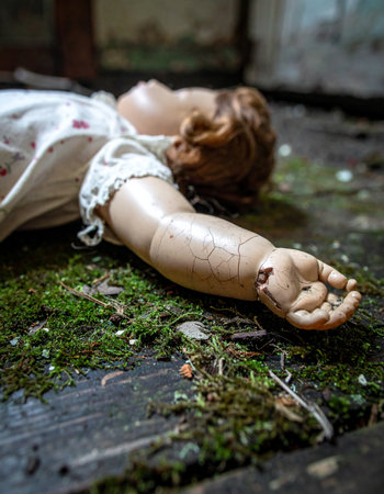 In the quiet decay of a forgotten home, an old doll lies on a bed of moss, its silent gaze fixed on the ceiling.の素材