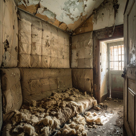 Sunlight streams through a barred window, illuminating the dust and decay of a forgotten padded cell.の素材