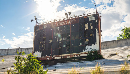In a derelict stadium reclaimed by nature, the old scoreboard stands as a testament to forgotten games.の素材