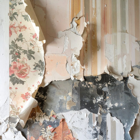 Layers of history peel back to reveal the story of a forgotten home. Torn floral and striped wallpaper clings to crumbling plaster, evidence of past lives and the slow decay of time.の素材