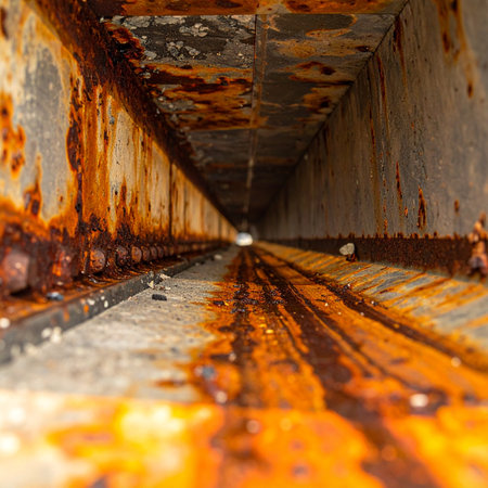 A low-angle view from inside a long, rectangular industrial duct. Walls are covered in thick orange rust and grime, with water pooling on the floor, reflecting the decaying interior.の素材