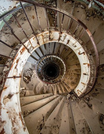 Gazing down into the abyss of a forgotten spiral staircase. Each decaying step tells a story of time's relentless passage, leading the eye on a dizzying descent into darkness and mystery.の素材