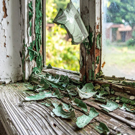 Sunlight streams through a broken window in a long-forgotten building, illuminating the intricate patterns of decay.の素材