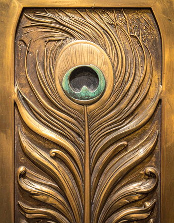 A close-up detail of an ornate bronze panel featuring a peacock feather carved in the elegant, flowing lines of the Art Nouveau style.の素材