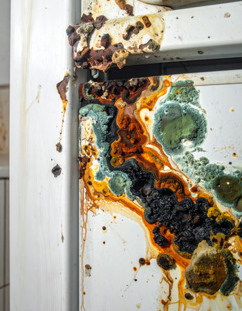A shocking close-up reveals the advanced stage of decay on a neglected appliance.の素材