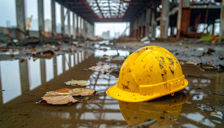 A lone, mud-splattered yellow hard hat rests in a murky puddle, a silent testament to a construction project left unfinished.の素材