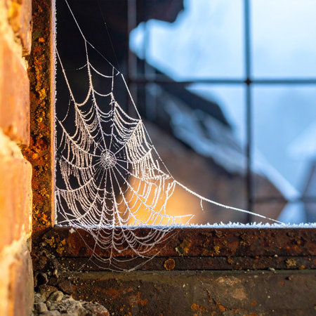 A delicate spiderweb, traced in the white crystals of a morning frost, clings to the corner of a rustic, old window.の素材