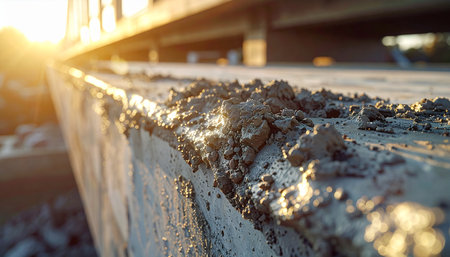 A close-up of freshly poured wet concrete beginning to cure on a wall.の素材