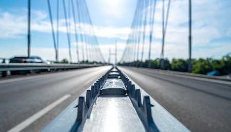 A dynamic, low-angle perspective captures the feeling of rapid movement across a modern suspension bridge.の素材