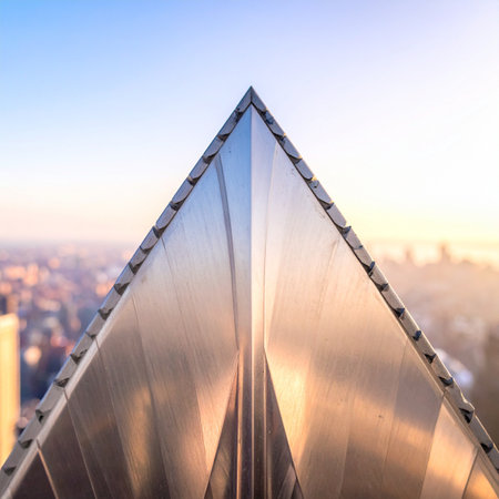 The sharp, glass apex of a modern skyscraper pierces the soft morning sky.の素材