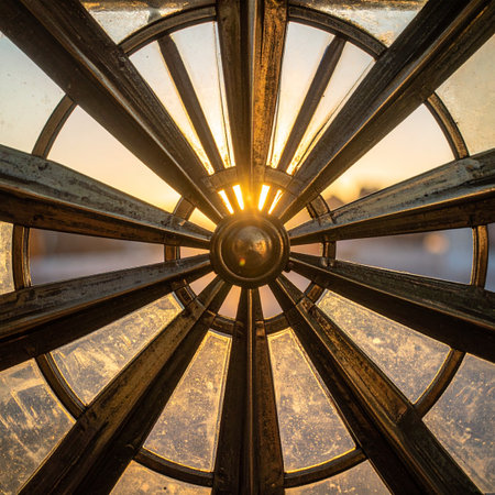 The warm, golden light of a rising sun streams through the spokes of an old, circular window, symbolizing a new dawn, hope, and the promise of a bright future.の素材