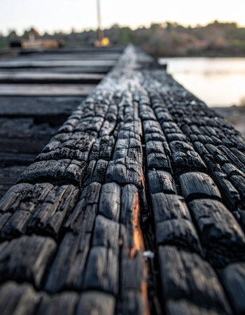 A close-up perspective reveals the intricate, cracked texture of a charred timber beam.の素材