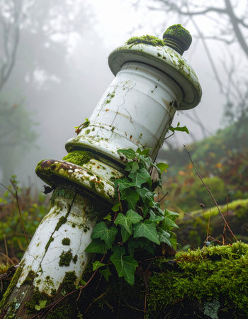 In the heart of a dense, fog-shrouded forest, a forgotten stone urn stands as a silent testament to time.の素材
