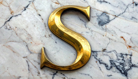 A gleaming, three-dimensional golden letter 'S' rests upon a cool, veined marble surface.の素材