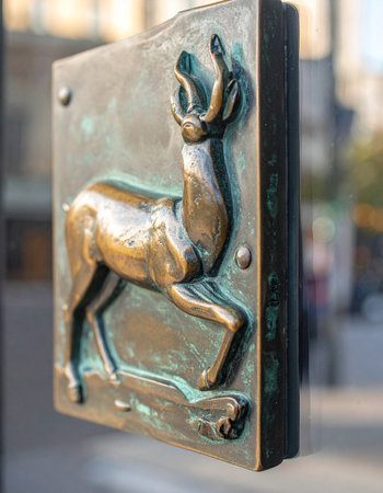 A beautifully crafted bronze door handle features a majestic deer in bas-relief.の素材