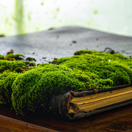 In a quiet, forgotten corner of the world, nature reclaims a tome of ancient knowledge.の素材