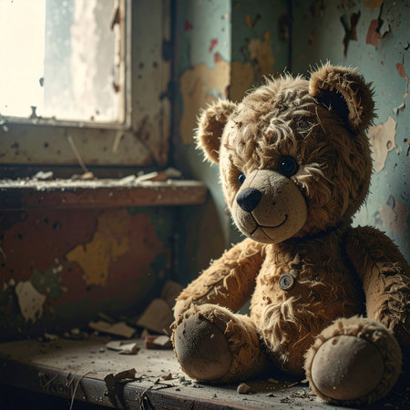 A lonely, forgotten teddy bear sits on a dusty windowsill in a derelict room, bathed in the soft light from a window.の素材