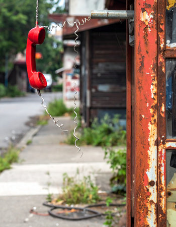 A bright red telephone receiver dangles from its broken cord, a silent testament to a forgotten era of communication.の素材
