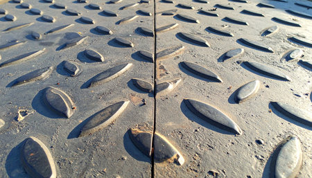 A low-angle perspective captures the rugged and resilient surface of an industrial diamond plate floor.の素材
