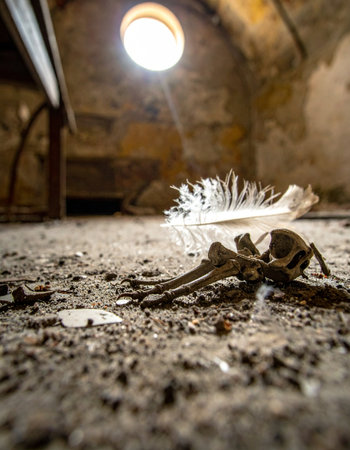 In the quiet stillness of a long-forgotten attic, a single beam of light from a round window illuminates the dusty remains of a small animal.の素材
