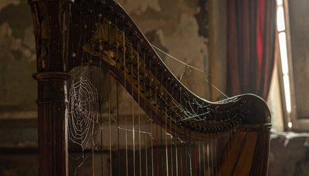 In a forgotten corner of a dusty room, an antique harp stands silent, draped in cobwebs.の素材