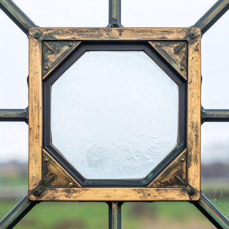 A close-up view of a beautifully handcrafted metal window, featuring a rustic square frame with elegant brass corner details.の素材