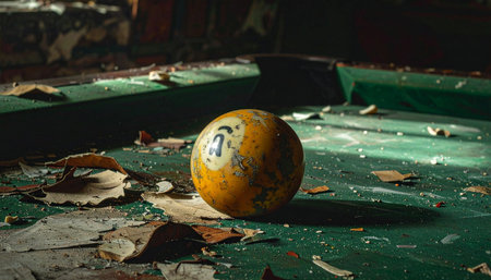 In a forgotten room where time stands still, a lone billiard ball rests on a decaying table.の素材